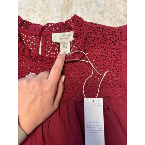 NWT Calypso St Barth Eyelet Embroidered Blouse Ruffle Sleeve Burgundy Size Med - Picture 3 of 4